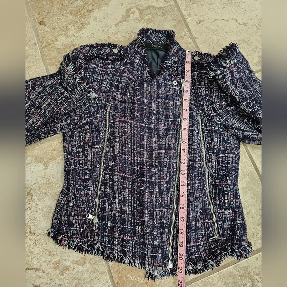 Zara Basic Women’s M Navy Tweed Moto Jacket Fringe Trim Zip Front Bouclé Blazer - Picture 8 of 8